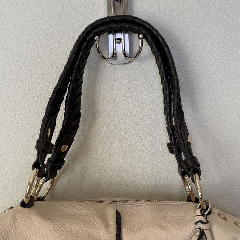 B. Makowsky Cream Beige Leather Shoulder Bag Satchel Braided Handles Boho Purse - Picture 9 of 16